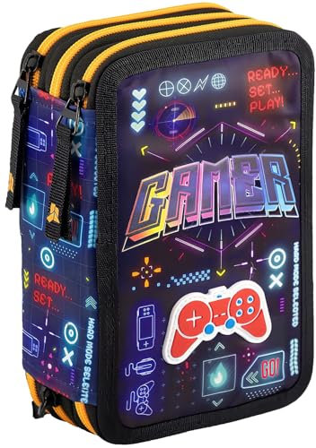 Julian Ross 3-Fach Federmäppchen – 45-teilig, komplett gefüllt – mit 2 löschbaren Gelstiften, Schere, Kleber, Buntstiften – Schwarz und Rot – ideal für Schule & als Geschenk Gamer