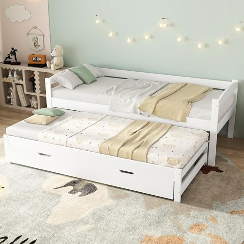 Soweiz Cama individual y doble, cama con ruedas inferiores, con 2 cajones en MDF, estructura de madera maciza, blanco (200 x 90 cm/190 x 90 cm)