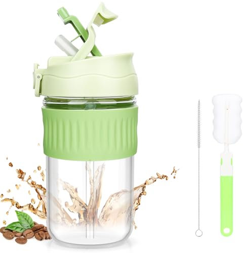Musiwanna Bottiglia di vetro con cannuccia e coperchio, 550 ml, tazza da caffè to Go con cannuccia, a prova di perdite, in vetro con 2 spazzole per la pulizia, bicchiere per caffè freddo, tè, frullato