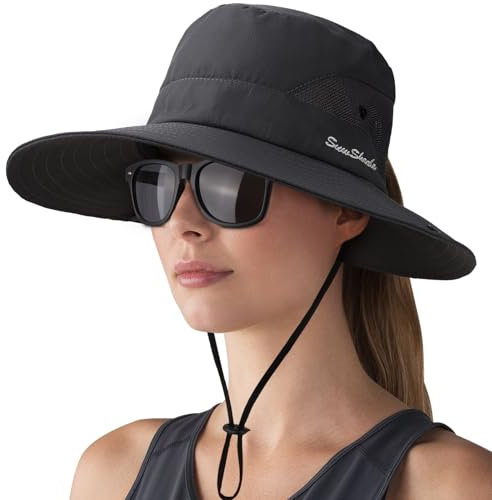 DRESHOW Damen Sonnenhut Outdoor UV-Schutz Hut Faltbar Mesh Breite Krempe Angeln Pferdeschwanz Strand Eimer Hüte mit Sonnenbrille