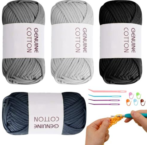 RANJIMA Häkelgarn für Anfänger,4 PCS Einfach Garn,Kein Geteiltes Garns,Gut Sichtbare Maschen Garn Zum Häkeln mit Häkelzubehör,Baumwoll-Nylon-Garns für Anfänger (Dunkelblau+Hellgrau+Dunkelgrau+Schwarz)