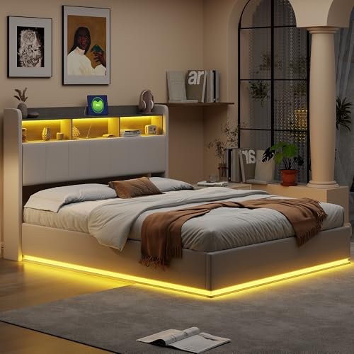 Doppelbett 140x200 cm, Polsterbett, Jugendbett 140x200, Stauraumbett mit LED, Erwachsenenbett, Plattformbett mit stauraum, Kopfteil mit Stauraum,Ladeanschluss, Weiß (140 x 200 cm)