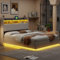 Doppelbett 140x200 cm, Polsterbett, Jugendbett 140x200, Stauraumbett mit LED, Erwachsenenbett, Plattformbett mit stauraum, Kopfteil mit Stauraum,Ladeanschluss, Weiß (140 x 200 cm)