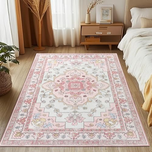 MOSISO 5x7 Teppich für Wohnzimmer,Waschbar Teppich,rutschfest Vintage National Teppich,Niedrigflorteppich,Kunstwolle Rechteckige Teppiche Teppichboden für Wohnzimmer Schlafzimmer Esszimmer,Rosa