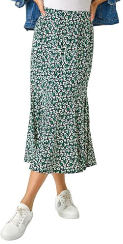 Roman Originals Jersey Skirt for Women UK - Ladies Midi Maxi Floral Animal Print Autumn Winter Swing Smart Casual Work Office Cocktail Party Going Out Evening Holiday Cruise - Navy Green - Size 16