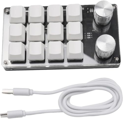 12 Keys Gaming Keyboard, Portable One Handed Fully Programmable Keypad, with2 Knobs,One Handed Macro Mechanical Keyboard, For Office, Games, Media Production, USB Mini Mechanical Keypad (White)