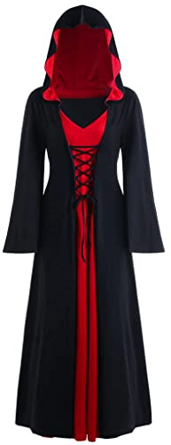 QEKFDOV Halloween Kostüme Vintage Hexenkleid Frauen,Mittelalter Kostüm Kapuze Maxi Kleid,Renaissance Halloween Vampir Hexe Kapuzenkostüm(B, XL)