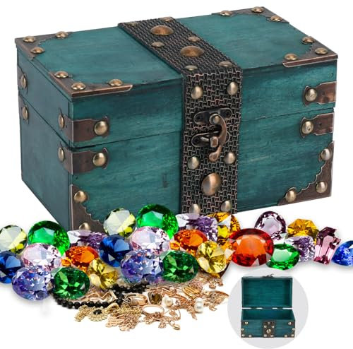 Oupuven Verde Cofre del Tesoro Pirata, 17.8 * 11 * 9.7cmCaja de Madera Vintage, Caja Pirata de Madera para Regalo, Decoración y Almacenamiento/Exhibir,Almacenar Collares,Aretes,Anillos