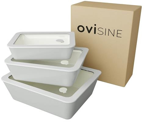 ovisine eckiges Vorratsdosen-Set Marais in Grau | 3-teilig | mit Antihaftbeschichtung aus Keramik | Deckel aus Glas | Ofen- und Mikrowellengeeignet | Füllmenge: 0,7L - 1,4L - 2,7L