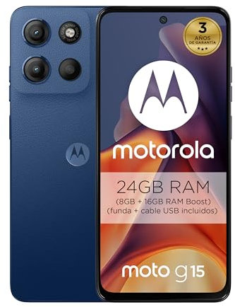 Motorola Moto g15 24GB (8G+16GB RAM Boost)/256GB Azul, España, Pantalla de 6.72'' FHD+, Sistema de cámaras de 50 MP y Objetivo Ultra Gran Angular, Batería 5200 mAh, Carga TurboPower, Soft Luxe