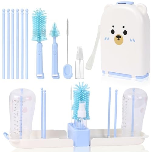 AOOTE Goupillon Biberon Silicone,Ensemble de brosses pour biberons | Kit Goupillon Biberon Silicone 6 en 1,Brosses biberon, tétine et paille, porte-brosse, égouttoir, distributeur et boîte