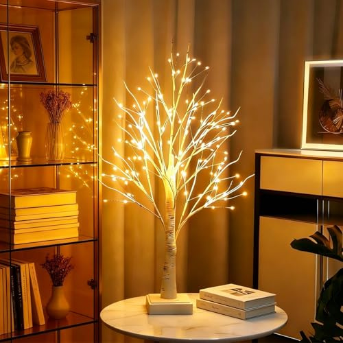 60 cm Birkenzweigbaum mit 144 warmweißen LED-Lichtern, batteriebetrieben oder USB-Stecker, Auto-Off-Timer, Birkenbaum mit Lichtern, Weihnachtsbaum-Tischdekoration für Weihnachten, Zuhause, Party
