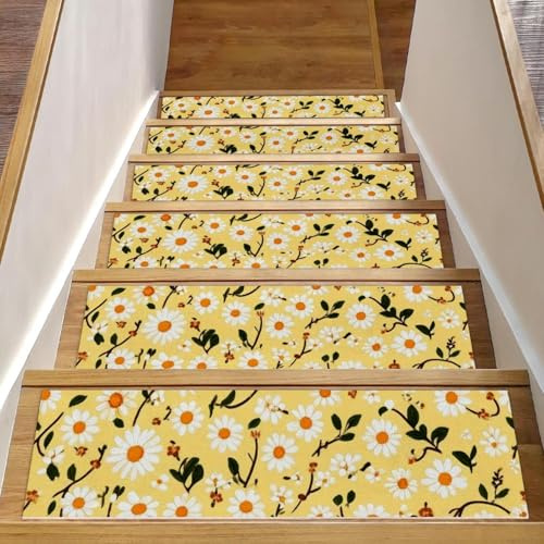 Gänseblümchen gelbe Stufenmatten für Holzstufen, 76,2 x 20,3 cm, rutschfest, für den Innenbereich, Treppenläufer, Treppenläufer, Matten für Hunde, Kinder, ältere Menschen, mit wiederverwendbarem