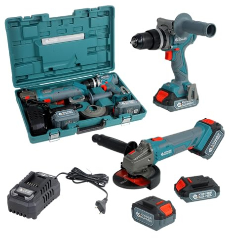 K&S Könner&Söhnen KS IDAGB 20V SET 1 Professional Kabelloses Werkzeug-Set: Akku Schlagbohrmaschine und Winkelschleifer, 2 Akkus (4.0 Ah + 2.0 Ah) und Ladegerät im Koffer.