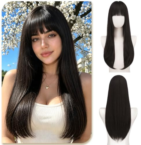 Sofeiyan Perücke Damen, 60 cm Lange Glatte Perücken mit Pony | Geschichtet Elegante Perücke,Natürliches Synthetische Perücke für Täglichen Party Cosplay Feiertage,Dunkelbraun