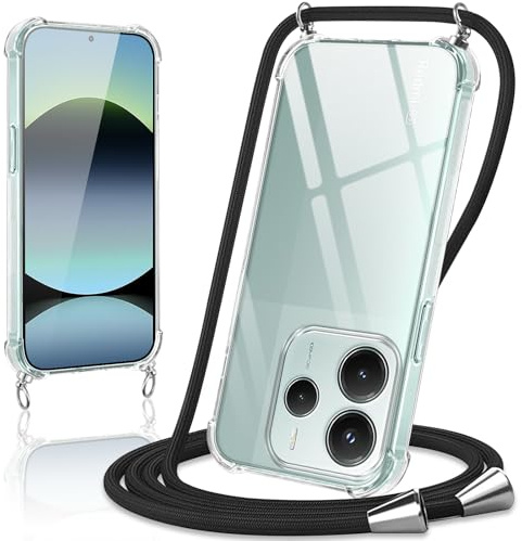 Kilbnom Funda con Cuerda para Xiaomi Redmi Note 14 5G Carcasa con Correa Colgante Colgante movil Ajustable Collar, Case Transparente Suave Silicona con Cuerda Cordón, Negro