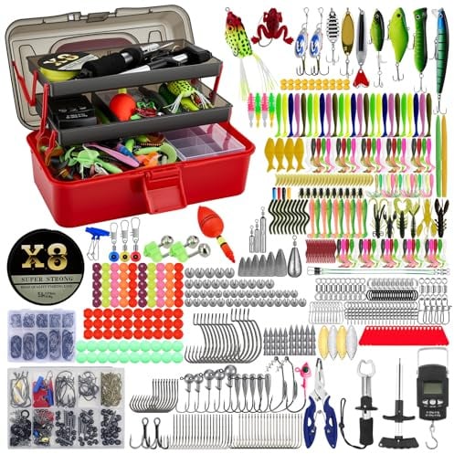 680 Stück Angelzubehör Set, Gemischt Angelköder Kit mit Köder Haken Angelzange Angelwaage für Zander Forelle Barsch, 3-Regal Angelkoffer Geeignete Angelausrüstung Komplett für Anfänger Profi