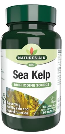 Natures Aid Sea Kelp 187mg Supplement – 180 Vegan Tablets | High Strength Iodine Supplement, Supports Thyroid Function & Skin. Gluten-Free, Natural Source