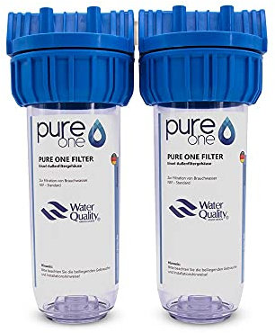 PureOne Doppel Wasserfilter-Gehäuse 10 Zoll | Inklusive Teflonband | 1, 3/4oder 1/2 IG Anschluss | 2 Filter Stufen für 10 Zoll Wasserfilter Patronen | Hauswasserwerk, Brunnen, Zisterne 3/4 Zoll