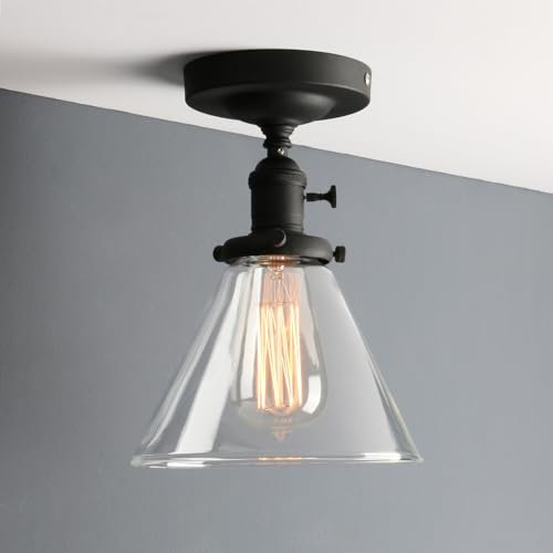 Phansthy Industrial Ceiling Light Fixtures with Switch, Funnel Clear Glass Hallway Lighting Close to Ceiling E27 Base, Flush Mount Hanging Lamp Suitable for Kitchen Loft Cafe Bar (Black)