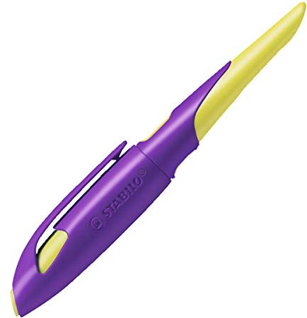 STABILO - Ergonomischer Schulfüller für Rechtshänder mit Anfänger-Feder A - EASYbirdy in violett/gelb - Einzelstift - inklusive Patrone - Schreibfarbe blau (löschbar)