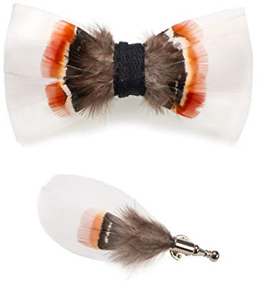 JEMYGINS Noeud Papillon Homme Blanc/rouge/marron en Plume en Plumes Fait Main et Broche Ensemble Compris boîte