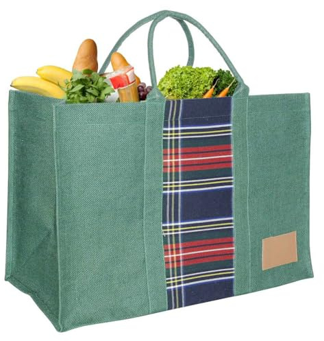 Dibor Large Jute Shopping Bag - Natural Hessian (Green Tartan) | Shopper Bag, Tote Bag, Green, Tartan Print, Jute, Hessian