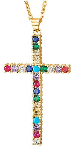 COOLSTEELANDBEYOND Damen Bunter Zirkonia Kreuz-Anhänger Edelstah Halskette mit Stahl Verstellbare Seil-Kette, Einzigartige