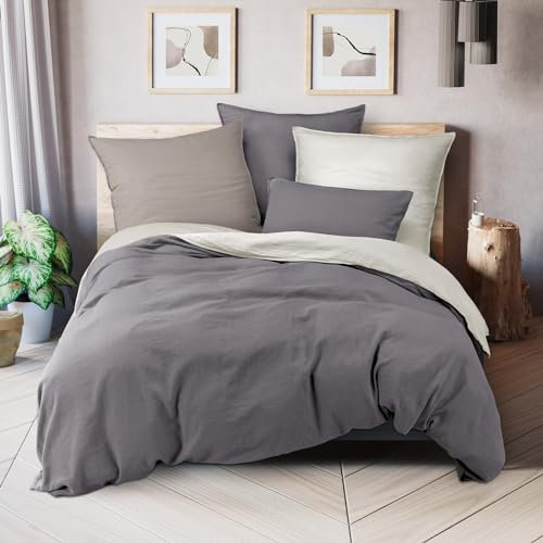 Pure Label Halbleinen Bettwäsche 3tlg. 155x220 cm mit Kissenbezug 80x80 cm und einem Kissen 40x80 cm in dunkelgrau - Bügelfreie Bettwäsche Sets 155 x 220 aus belgischem Leinen und feinster Baumwolle