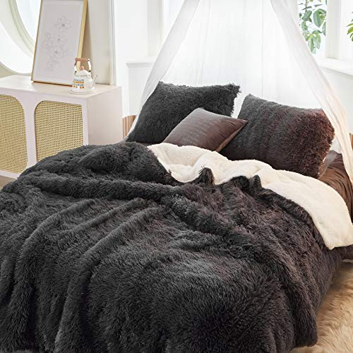 Luxuriöses Winter-Bettwäsche-Set aus Kunstfell, Doppelbettgröße, zotteliger Samt, Dunkelgrau/Schwarz, langes Haar, 3-teilig, Plüsch-Flanell-Sherpa-Rückseite, wendbar, weiche Mikrofaser, super warmes