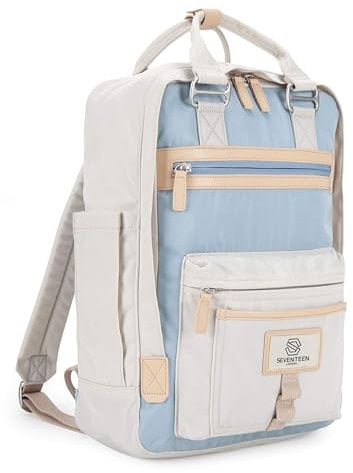 SEVENTEEN LONDON – Moderner, einfacher und unisex ‘Wimbledon’ Rucksack in cremefarbe & hellblau mit einem klassischen Design im Skandi-Stil – perfekt für 13-Zoll-Laptops