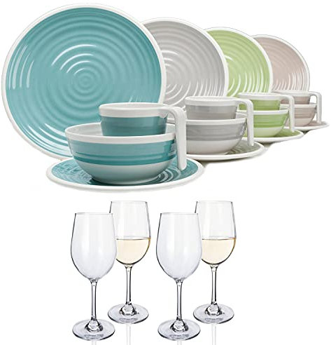 Vaisselle de camping en mélamine pour 4 personnes Harmonie 16 pièces + 4 verres à vin blanc, verres à vin blanc, vaisselle de table de pique-nique, barbecue