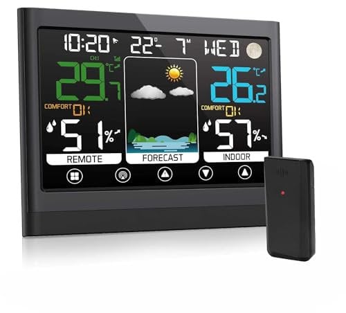 Stazione Meteo con Sensore Esterno, Termometro Igrometro Interno Digitale, Stazione Meteorologica Professionale, Ampio Schermo LCD Display, Sveglia Data Temperatura Umidità Previsioni di Tempo