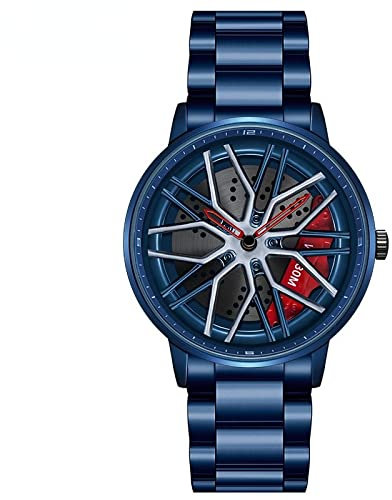 RWXCOW Auto Rad Felgen Nabenuhr - Hohl wasserdicht Sport Uhr für Herren Geschenke Armbanduhren, wasserdichte Edelstahl Armbanduhr, wasserdichte Edelstahl Armbanduhr.Stahlband(Blau)