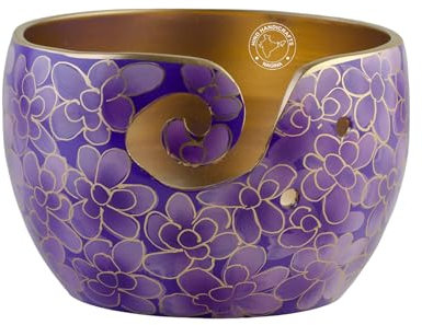 Premium Solid Crafted Floral Metallic Finish Aluminium Portable Yarn Bowl Holder for Knitting Crochet Gift Set | Hind Handicrafts (6 x 6 x 4, Purple)