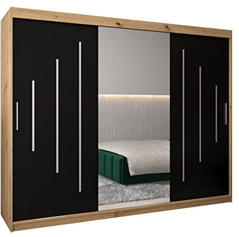MEBLE KRYSPOL York 1 250 Schlafzimmerschrank mit DREI Schiebetüren, Spiegel, Kleiderstange und Regalen – 250x200x62cm - Artisan + Mattschwarz