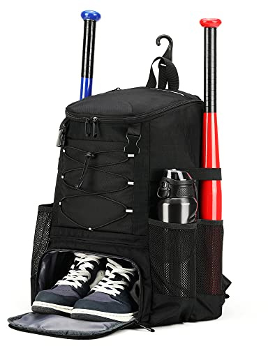 AI EN JIU Softball Bag, Baseball Bat Bag for Youth Boys Adult, Lightweight Baseball Equipment Backpack with Shoe Compartment, Bat Backpack with Fence Hook for TBall Bat, Helmet(Black)