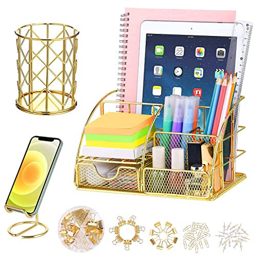 JUOPIEA Schreibtisch-Organizer und Zubehör, Bürobedarf-Organizer mit Stifthalter, 72 Clips und Handy-Ständer, Metallnetz-Schreibtisch-Organizer mit Schublade für Zuhause, Büro, Schule usw. (Gold)
