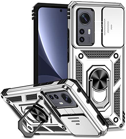 XINYEXIN Kameraschutz Handyhülle für Xiaomi 12T / Xiaomi 12T Pro Hülle mit 360 Grad Metal Ring Ständer Stoßfest Schutzhülle Hard Case Sliding Camera Cover - Silber