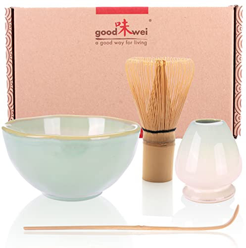 Goodwei Matcha Set komplett mit Matchabesen, Matcha Löffel und Matcha Schale aus Keramik mit Besenhalter im passenden Design | Kunstvoll gefertigte Teeschale Chawan (Hasunomi, 80)