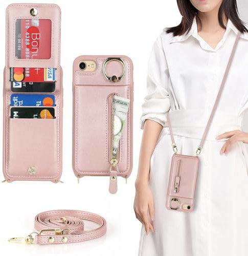 Zouzt for iPhone SE 2022/2020/3rd/2rd / iPhone 8/7 4.7 Inch Case with Cord and Card Holde, Zipper Wallet Case with Crossbody Lanyard Ring Adjustable Necklace Protective Cover Women - Rose Gold