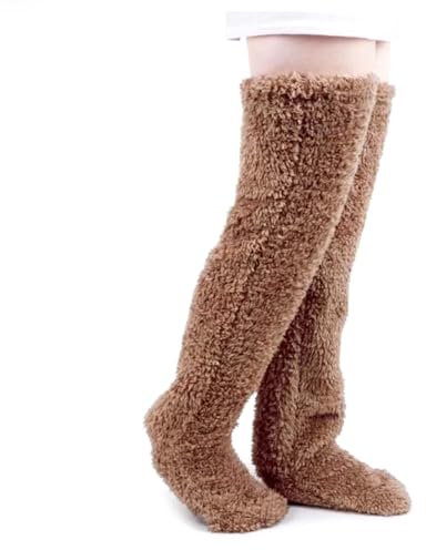 AWAVM Women's Winter Warm Knee High Socks 1 pair Thick Plush Slipper Stockings Furry Extra Long Leg Warmers Sleeve Thigh High Boot Sleeping Socks