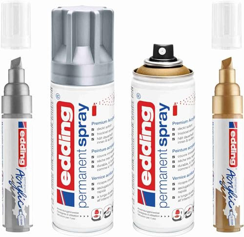 edding Acrylicmarker + passendes Acrylic Permanent Spray 5200 Silber & Reichgold zum Dekoriern und designen
