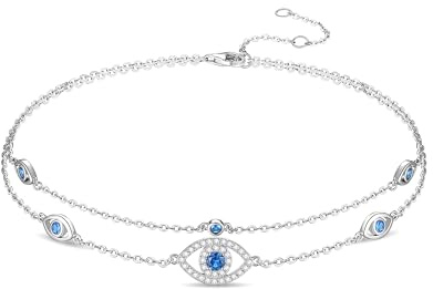 FANCIME Bracelet de cheville pour femme, en argent sterling 925, mauvais œil, chaîne de perles réglable, bijoux de plage turc, cadeau pour femme, taille M, argent sterling, topaze synthétique