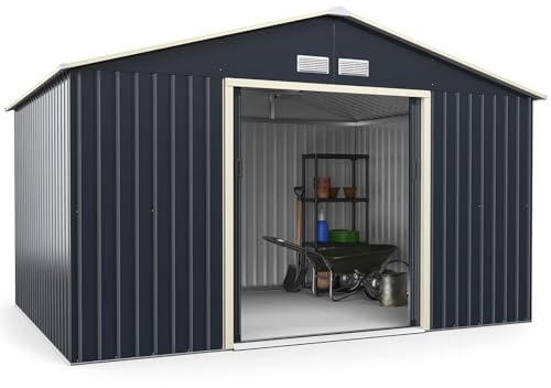 COSTWAY Caseta Jardin Exterior, 8.7㎡, 340 x 255 x 210 cm, Gran Cobertizo Jardin Exterior, Acero Galvanizado, 2 Puertas Correderas, Garden Shed con 4 Ventilaciones y Techo Inclinado, Antracita