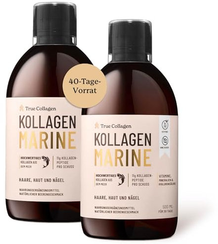 True Collagen | Suplemento Líquido de Colágeno Hidrolizado de 11 000 mg - 2 x 500 ml (1000 ml), Suministro para 40 días | Ácido hialurónico, biotina y vitamina C para un cabello, piel y