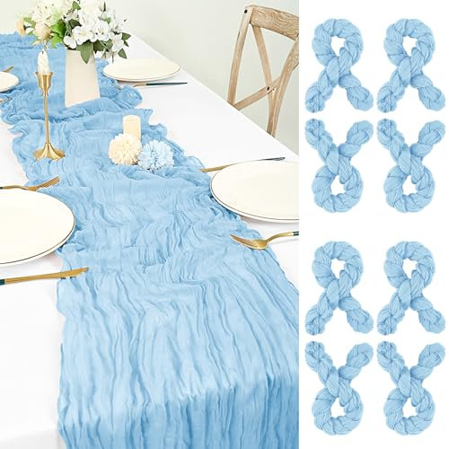 8 Stück Seihtuch Tischläufer Hellblau, 55x300 cm Blau Käsetuch Tischläufer Waschbares Gaze-Stoff Boho Cheesecloth Tischläufer Hochzeit Tischdecke für Hochzeit Geburtstags Brautparty Tischdekoration