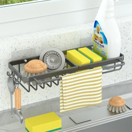ROELLY Soporte Estropajo Fregadero, Porta Estropajos Fregadero con Soporte para Paños de Cocina y Dos Ganchos, Organizador Cocina para Fregadero Sin Taladrar, Soporte Estropajo Fregadero(Gris)