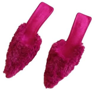 JINGBDO Pink High Heels Kitten Heel Mule Slides Women Rose Pink Slippers Ladies Toe Sandals Party Shoes-Rose Pink-38