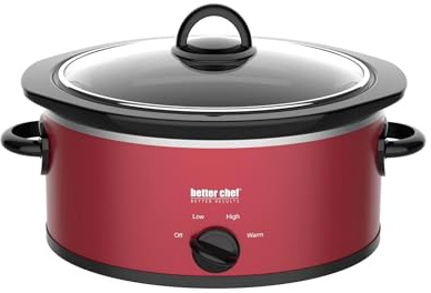 Better Chef Oval Slow Cooker | 3-Quart | 3-Tempature Settings | Side Handles | Glass Lid | Enamel Stoneware Insert (Red)
